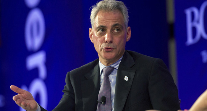 Chicago Mayor Rahm Emanuel has reiterated that he won’t raise property taxes, so higher charges on phone lines will help free up money for the $50 million due for the municipal and laborer pensions, according to the city. Photographer: Daniel Acker/Bloomberg