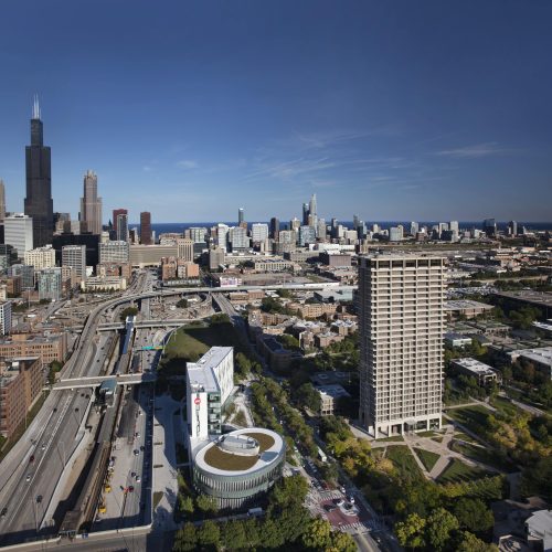 Aerial view of the Eisenhower highway, Sears Tower, and southern portion of the skyline.