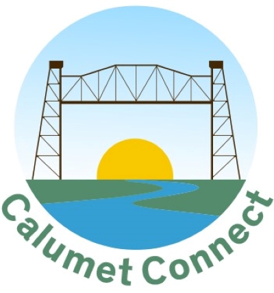 Calumet Connect logo; digital drawing of a raised bridge over a river