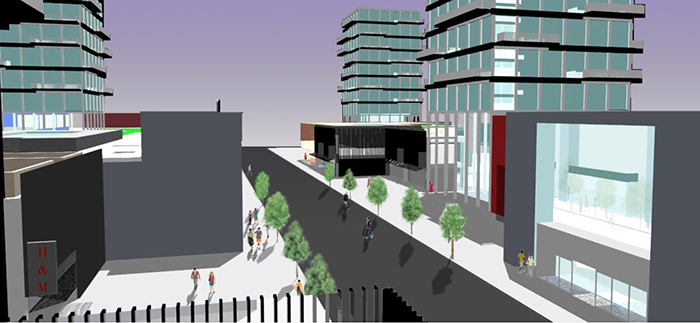 Digital rendering showing a street line with streets and high rises.