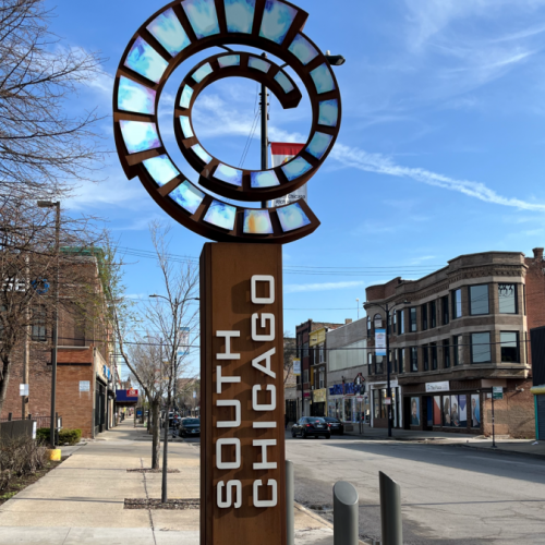 Statue with stained glass spiral reads 