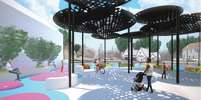 Digital rendering of a park with shaded areas and colorful benches