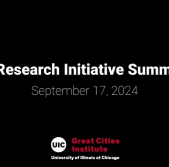Title slide reading “Latino Research Initiative Summit 2024” with date September 17, 2024 and Great Cities Institute logo on black background. 