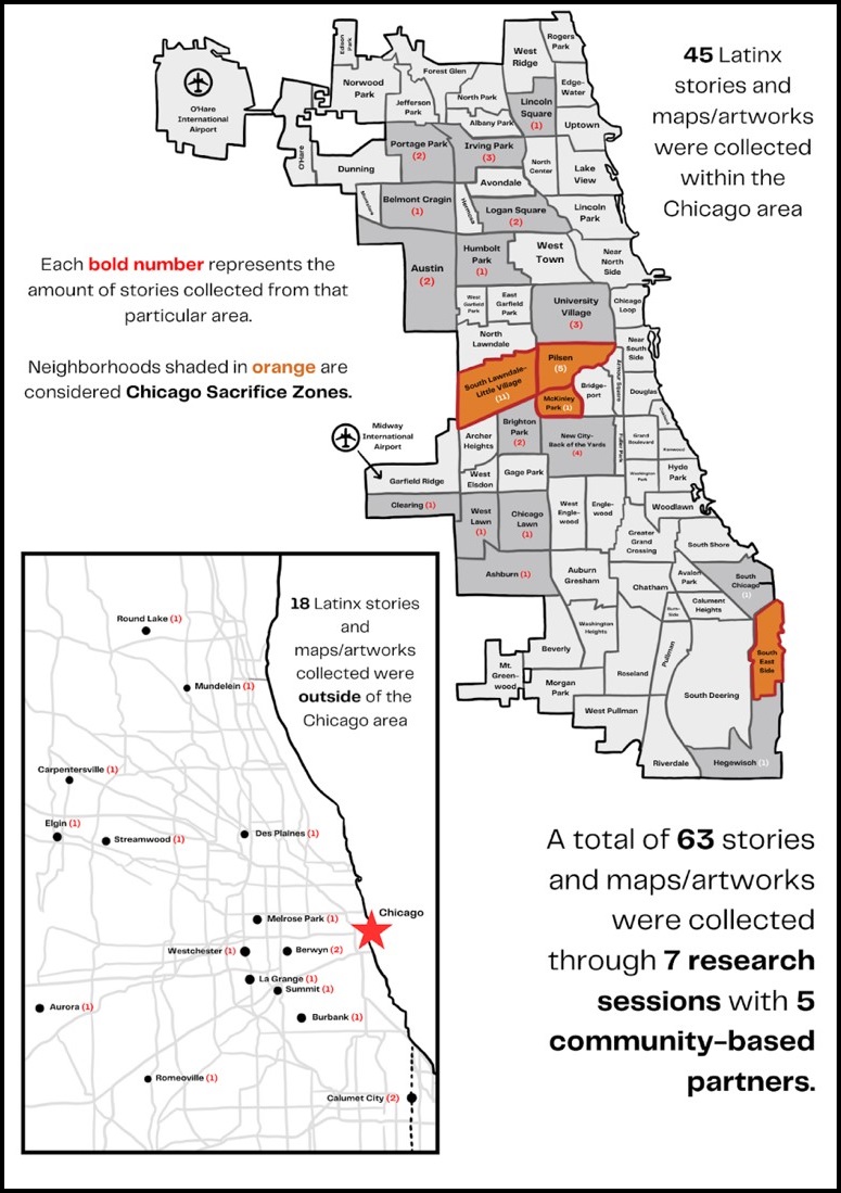 a visual map indicating where 63 stories, maps, and artworks for this research project were collected