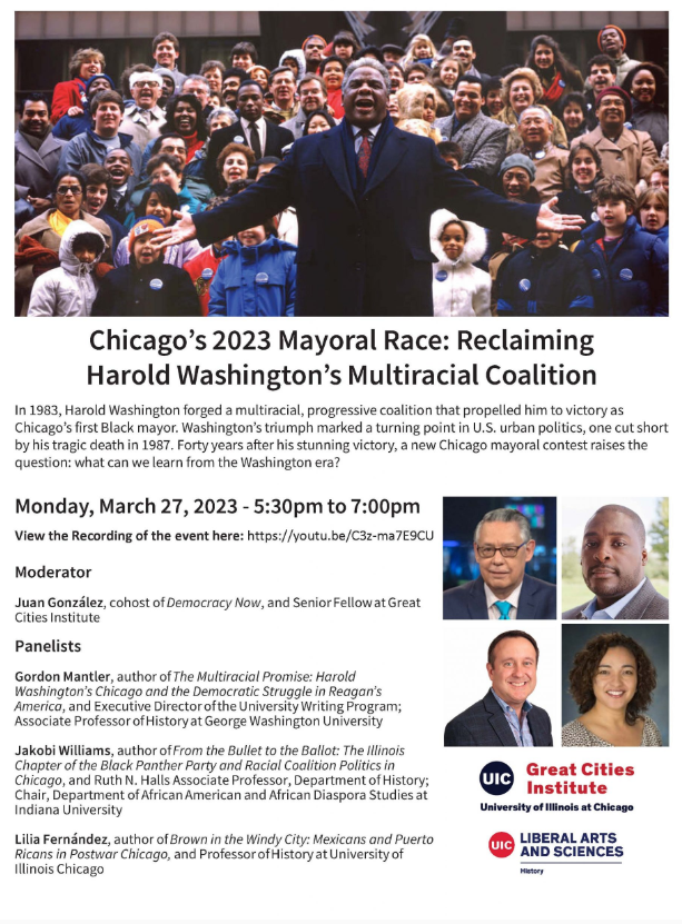 Event flyer for Chicago's 2023 Mayoral Race: Reclaiming Harold Washington's Multiracial Coalition