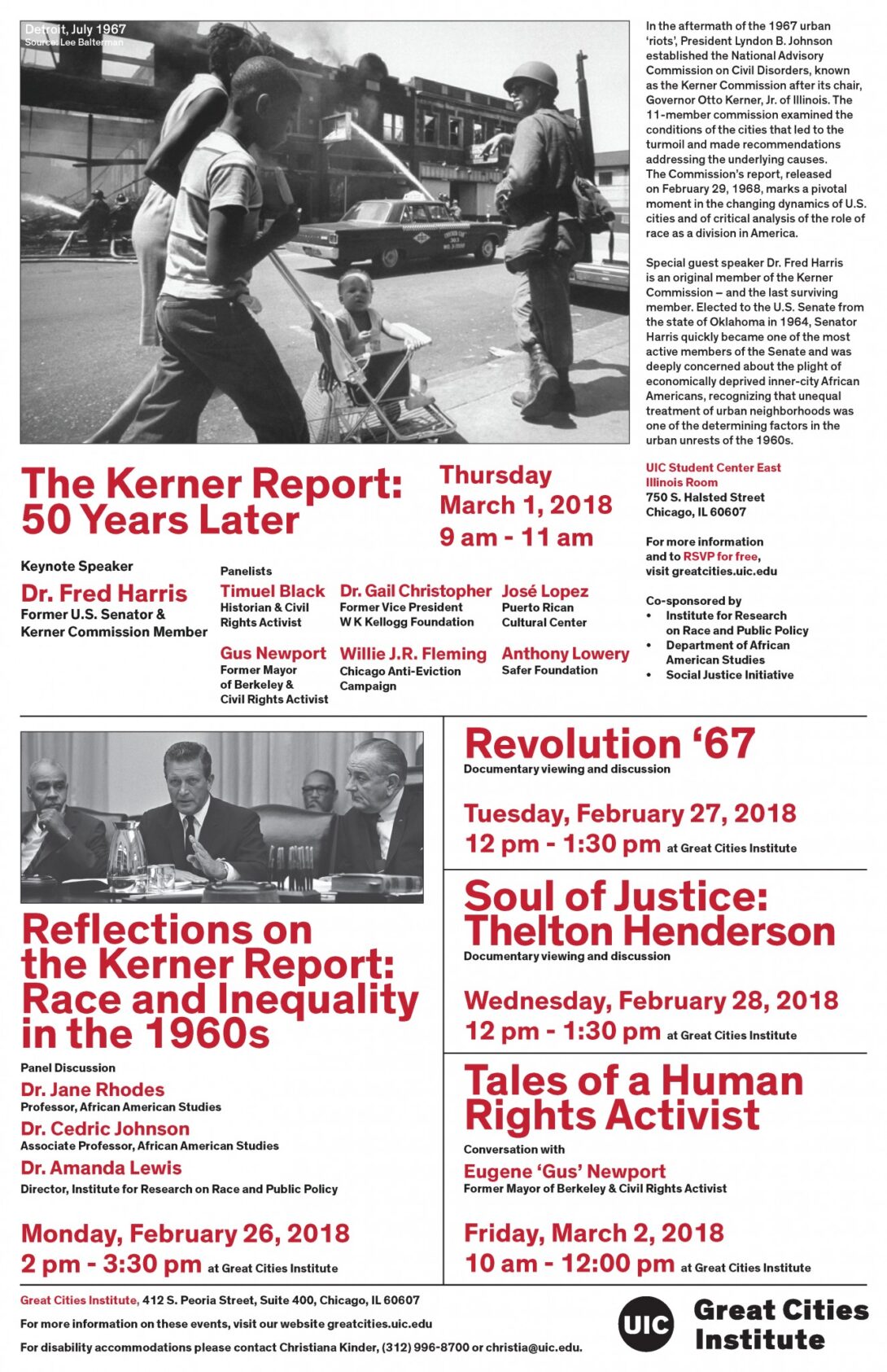 Flyers collage of Kerner Report 50th Anniversary Event Series