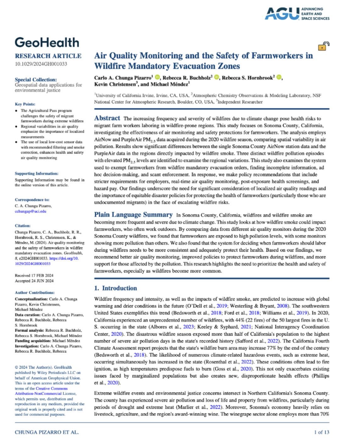 First page of the publication paper, with abstract, on air quality monitoring and safety of farmworkers in wildfire mandatory evacuation zones