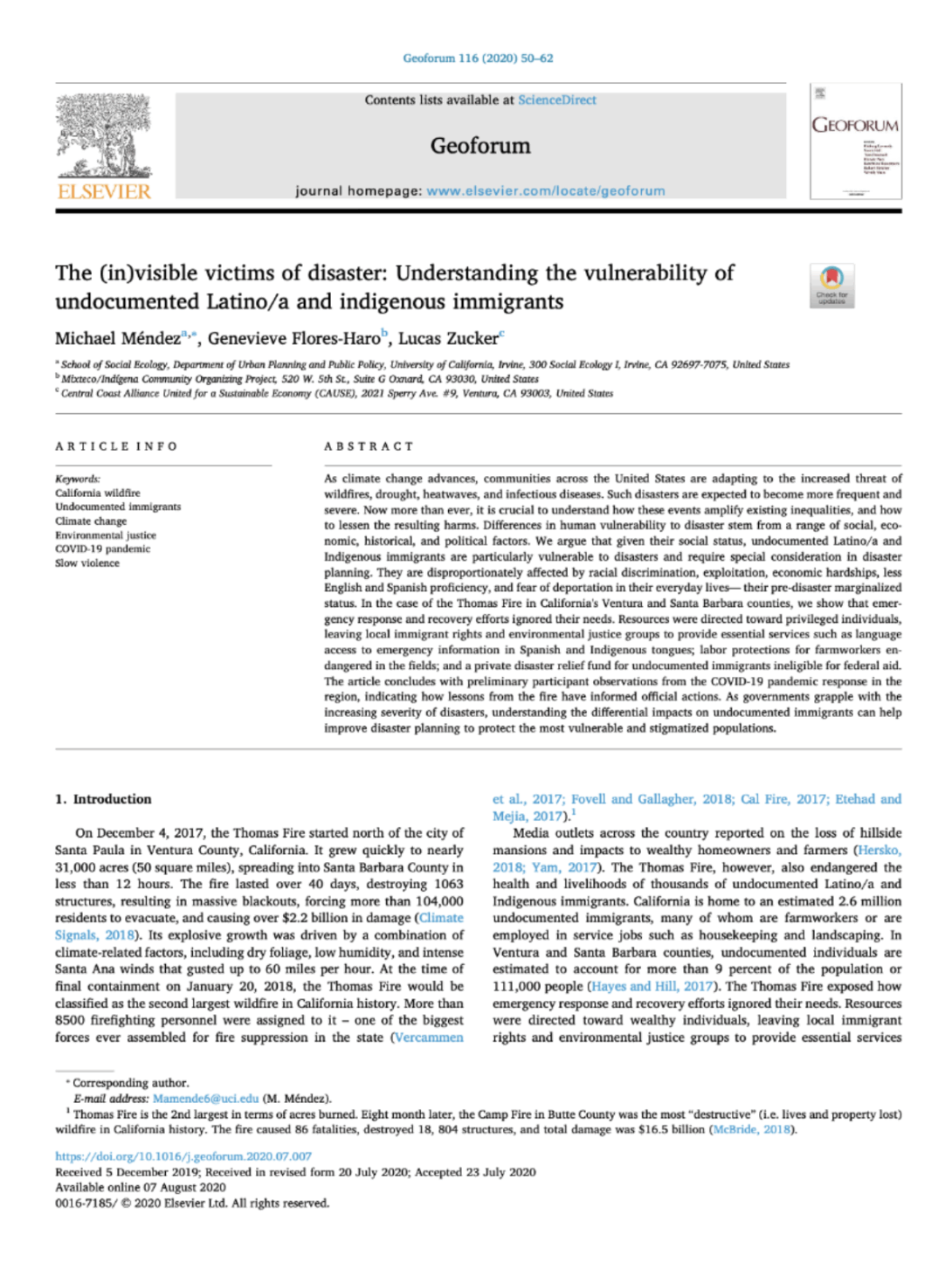 First page of the publication paper, with abstract, on invisible victims of climate change