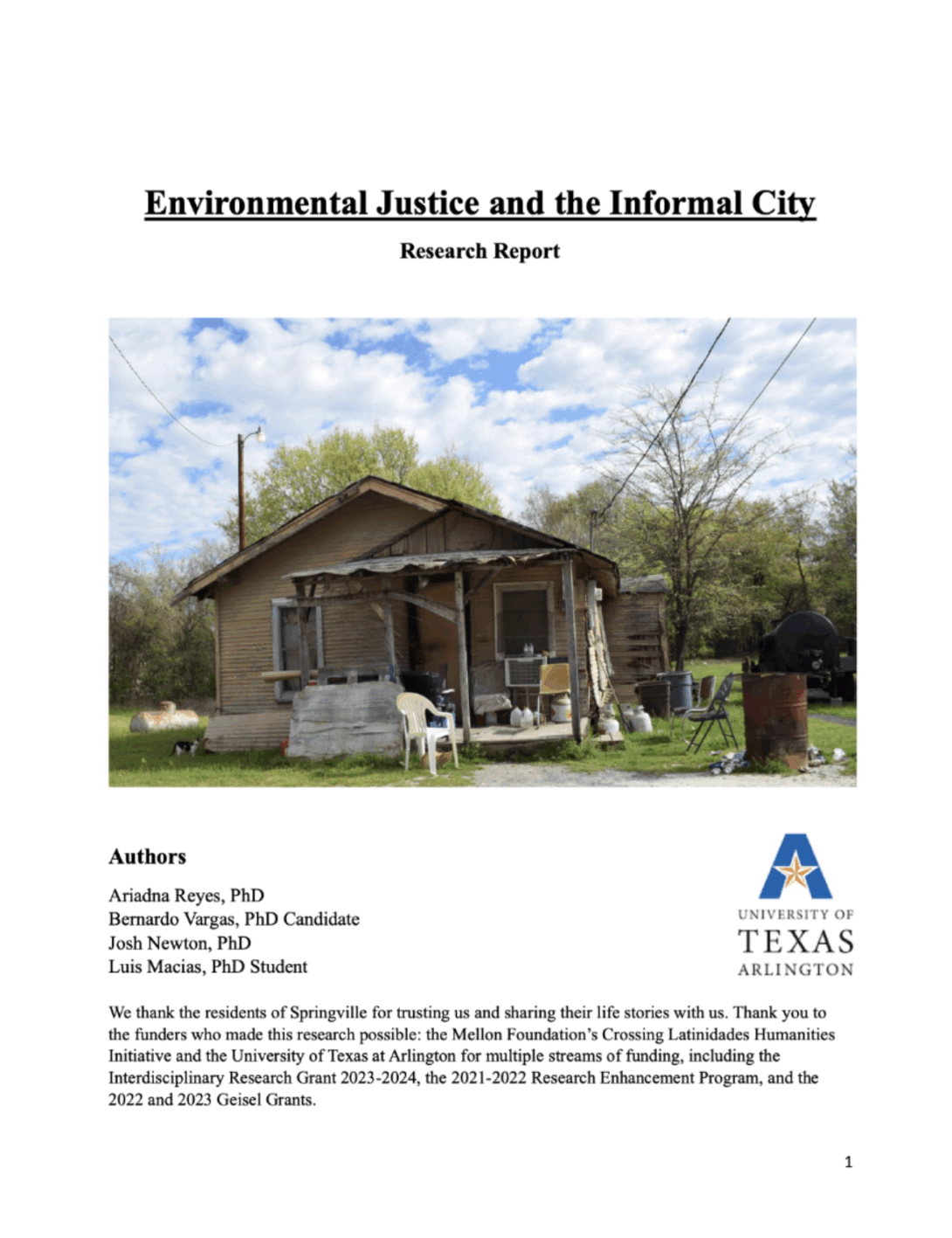 front cover page of the environmental justice and the informal city report