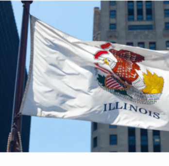 Flag of State of Illinois with the downtown Chicago in the background, with photo credits to Getty 