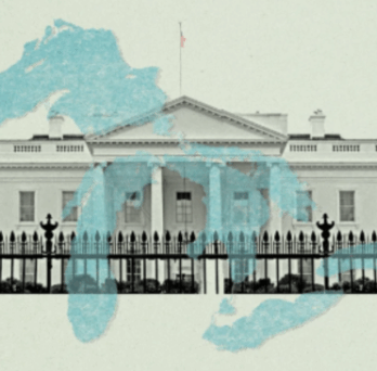 Digital collage of the White House and silhouette of the Great Lakes 