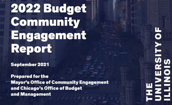 Cover of the “2022 Budget Community Engagement Report,” featuring a dark blue overlay with a photo of downtown Chicago traffic and text noting it was prepared for the Mayor’s Office of Community Engagement and Chicago’s Office of Budget and Management.