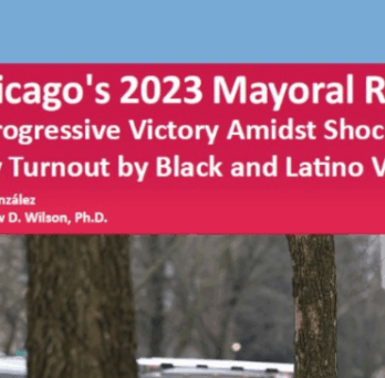 Cover of a Great Cities Institute report titled Chicago’s 2023 Mayoral Race: A Progressive Victory Amidst Shocking Low Turnout by Black and Latino Voters. 