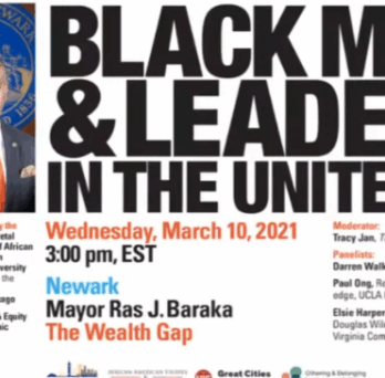 Event flyer titled “Black Mayors & Leadership in the United States,” featuring Newark Mayor Ras Baraka and panel details. 