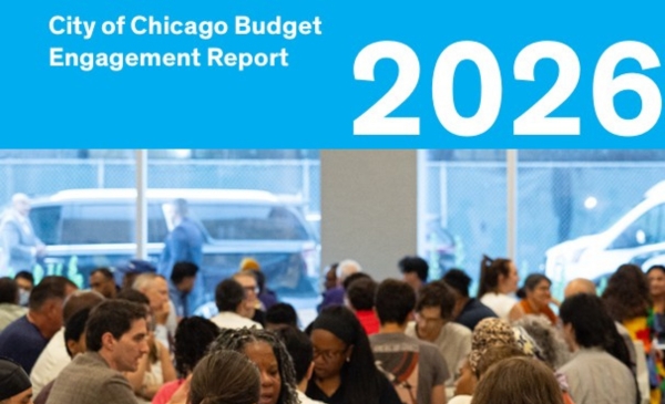 Cover graphic reading “City of Chicago Budget Engagement Report 2026” above a photo of a diverse group of residents gathered at a public meeting.