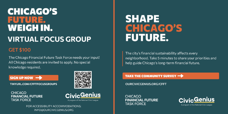 Flyer promoting Chicago Financial Future Task Force virtual focus groups ($100 incentive) and a community survey, with QR code and links to participate.