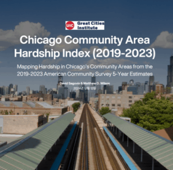 Title slide showing the UIC Great Cities Institute report “Chicago Community Area Hardship Index (2019–2023)” over a Chicago skyline view with elevated train tracks leading toward downtown. 