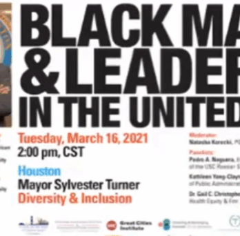 Event flyer titled “Black Mayors & Leadership in the United States,” featuring Houston Mayor Sylvester Turner and panel details. 