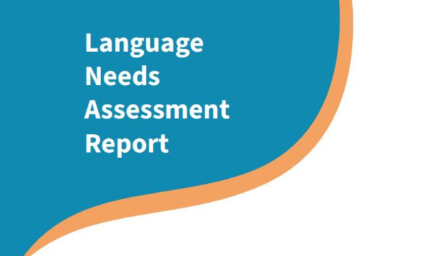 Graphic with teal and orange curved design displaying the text “Language Needs Assessment Report.”