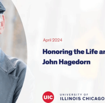 Memorial slide featuring John Hagedorn portrait with text “Honoring the Life and Work of John Hagedorn,” dated April 2024. 