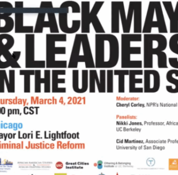 Event flyer titled “Black Mayors & Leadership in the United States,” featuring Chicago Mayor Lori Lightfoot and criminal justice reform discussion. 