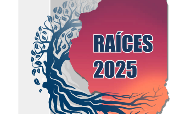 Graphic displaying “RAÍCES 2025” inside the outline of Illinois, with a stylized tree and roots extending outward against a red-to-orange gradient background.