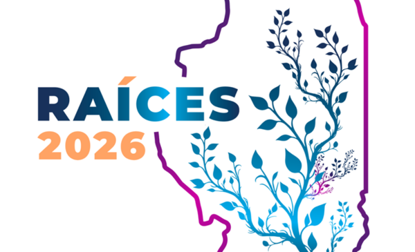 Graphic reading “RAÍCES 2026” with stylized plant vines growing inside the outline of the state of Illinois in gradient blue and purple tones.