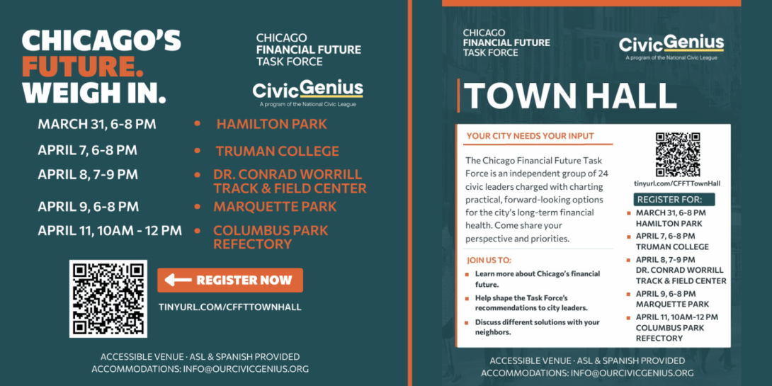 Flyer promoting Chicago Financial Future Task Force town halls with dates, locations, and a QR code link to register.