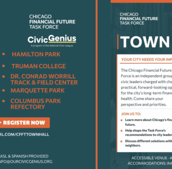 Flyer promoting Chicago Financial Future Task Force town halls with dates, locations, and a QR code link to register.
                  