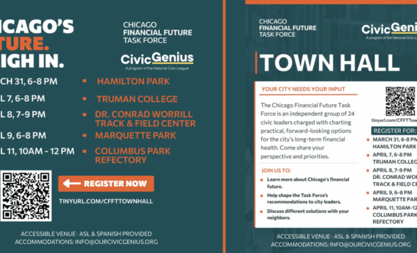 Flyer promoting Chicago Financial Future Task Force town halls with dates, locations, and a QR code link to register.