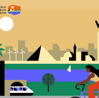 Illustrated banner for the World Urban Forum 12 in Cairo, Egypt (November 4–8, 2024), featuring stylized city landmarks, palm trees, and a cyclist in the foreground. 