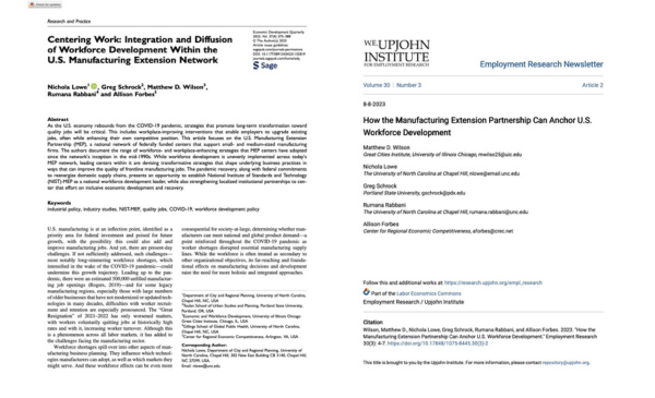 Screenshot of an academic journal article titled “Centering Work: Integration and Diffusion of Workforce Development Within the U.S. Manufacturing Extension Network,” showing a multi-column text layout with abstract and headings alongside a sidebar with publication details.