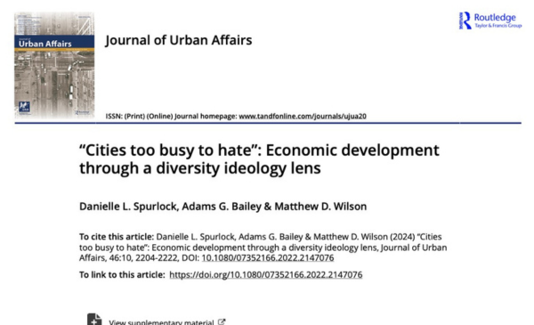 Screenshot of a Journal of Urban Affairs article titled “Cities too busy to hate: Economic development through a diversity ideology lens,” showing the article title, authors, and journal header with a clean academic layout.