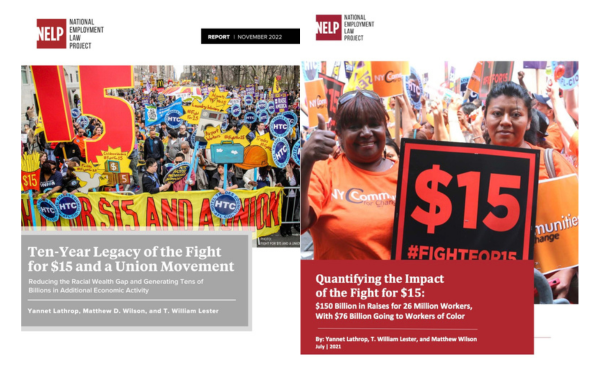 Side-by-side covers of two Fight for $15 reports, featuring protest scenes with workers holding “$15” signs, highlighting wage equity, economic impact, and labor advocacy.