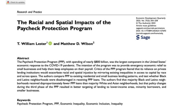 Screenshot of an academic journal article titled “The Racial and Spatial Impacts of the Paycheck Protection Program,” showing the article title, authors, abstract, and journal header in a clean, two-column academic layout.