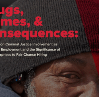 Report cover titled ‘Drugs, Crimes, & Consequences’ with close-up of an older man wearing a knit hat, partially overlaid with red graphic design. 