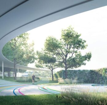 Architectural rendering of an open, curved modern structure integrated with landscaped greenery and pedestrian gathering spaces. 