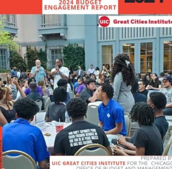 Cover of the City of Chicago 2024 Budget Engagement Report featuring a community discussion event and Great Cities Institute branding. 