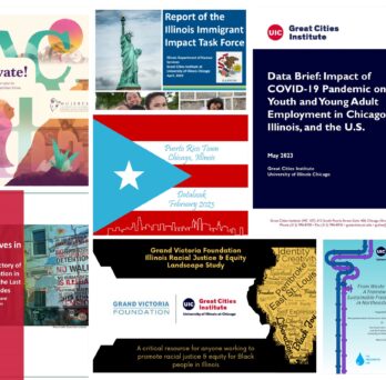 Collage of Great Cities Institute reports covering immigrant communities, racial equity, youth employment, neighborhood change, environmental sustainability, and Latino issues. 