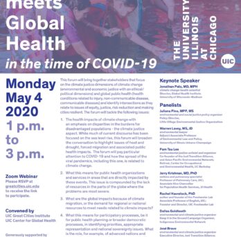 Promotional flyer for an online webinar titled Climate Justice Meets Global Health in the Time of COVID-19 hosted by the University of Illinois Chicago. 