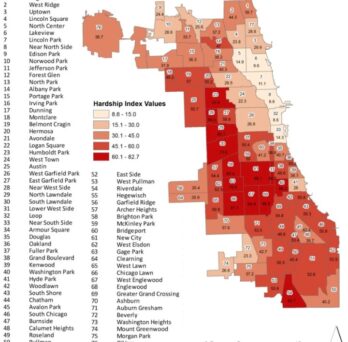 Map of Chicago community areas displaying Hardship Index scores, with darker red areas indicating higher socioeconomic hardship levels. 