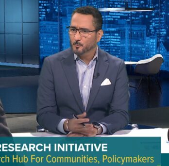 Television interview discussing the Latino Research Initiative, highlighting research supporting Latino communities, policymakers, and community organizations in Chicago. 