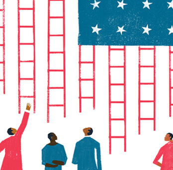 Illustration of people standing beneath red ladders leading up to an American flag, symbolizing access to opportunity. 