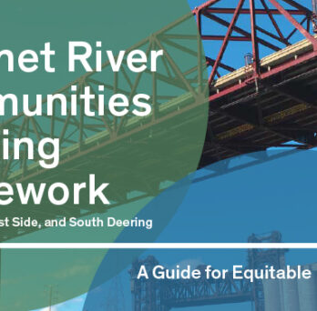 Cover graphic for Calumet River Communities Planning Framework, showing a bridge structure and blue sky with the subtitle “A Guide for Equitable Development.” 
