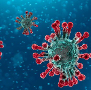 Illustration of coronavirus particles floating against a blue background, with enlarged virus cells shown in the foreground. 