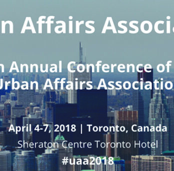 Urban Affairs Association conference graphic with Toronto skyline background and text for the 48th Annual Conference in Toronto, Canada. 