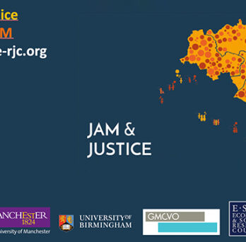 Jam and Justice graphic with a map illustration, project hashtag, website, and partner organization logos on a dark blue background. 