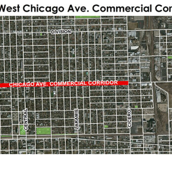 Map of the West Chicago Avenue commercial corridor in Austin, showing the corridor highlighted in red with a Chicago inset map. 