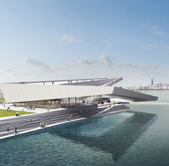 Architectural rendering of a proposed lakefront museum complex with walkways, water, green space, and the Chicago skyline in the distance. 
