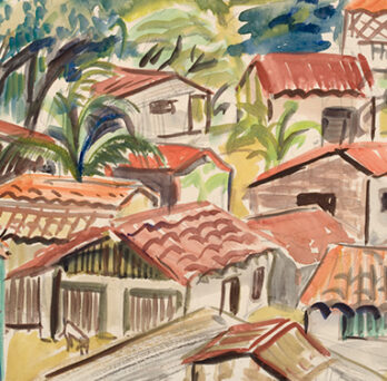 Watercolor painting of a village landscape with red-roofed houses, trees, and hills in the background. 